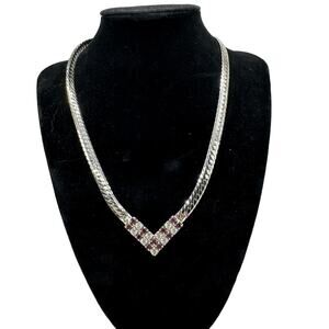 Silver Tone Flat Chain Arrow Pendent Rhinestone Amethyst Necklace